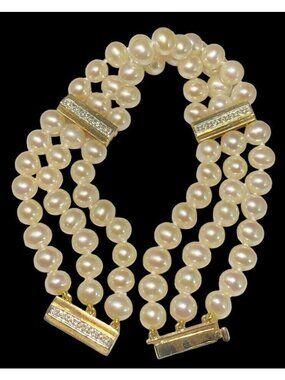14k Gold Pearl And Diamond Spacer Bracelet 3 Rows Knotted 7.5 inches 18 Diamonds